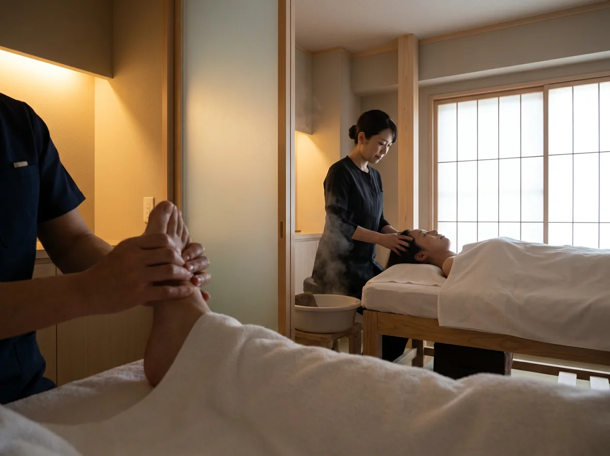 手のひらで足裏を押してほぐすフットケア